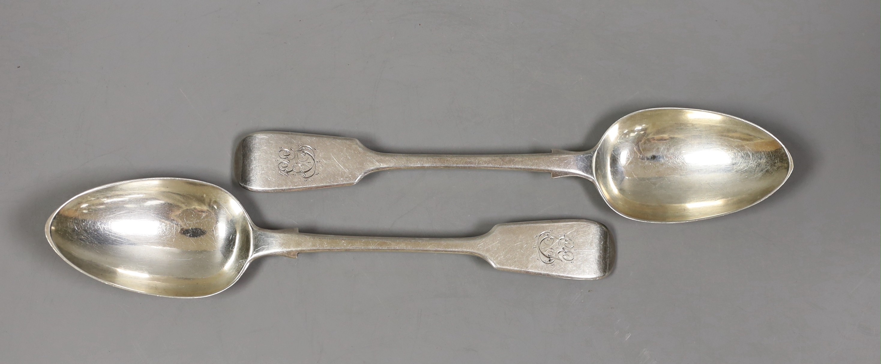 A pair of Victorian silver fiddle pattern table spoons, George Adams, London, 1867, 22.3cm, 154 grams.